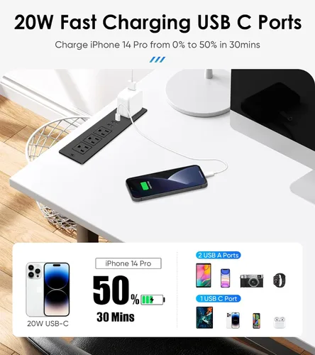 Vista 4 de Regleta de alimentación empotrada con PD 20W USB-C, salida de cajón empotrada, 4 tomas de corriente y 3 puertos USB, regleta de alimentación