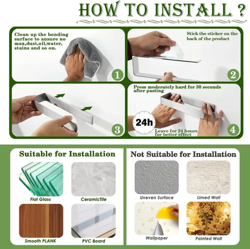 Vista 9 de Alise Toallero de mano autoadhesivo para toallas de baño, toallero de acero inoxidable SUS304, toallero para armario de cocina, lavabo lateral