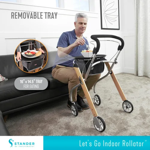 Vista 3 de Stander Let's Go - Andador para interiores, ligero de cuatro ruedas estilo europeo con bandeja, ayuda de movilidad plegable para personas mayores