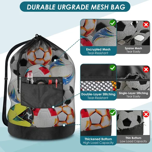 Vista 4 de BROTOU Bolsa de red para pelota de fútbol extragrande, bolsa de malla con cordón de 40 x 30 pulgadas con bolsillo con cremallera, bolsa