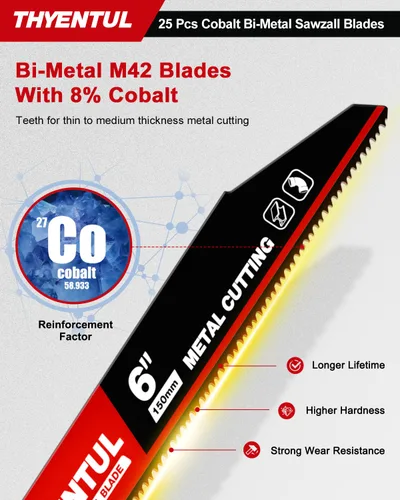 Vista 3 de Paquete de 25, 15 cm, 14/18 TPI, Hojas de sierra Sawzall de desmontaje automático de cobalto bi-metal para metal, Hojas de sierra alternante de 15