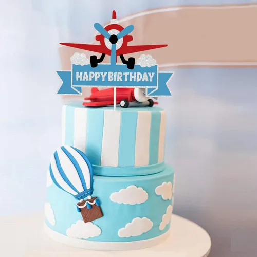 Vista 6 de Decoración de pastel de feliz cumpleaños con diseño de avión con purpurina, decoración de pastel temático de moscas del tiempo, la aventura espera