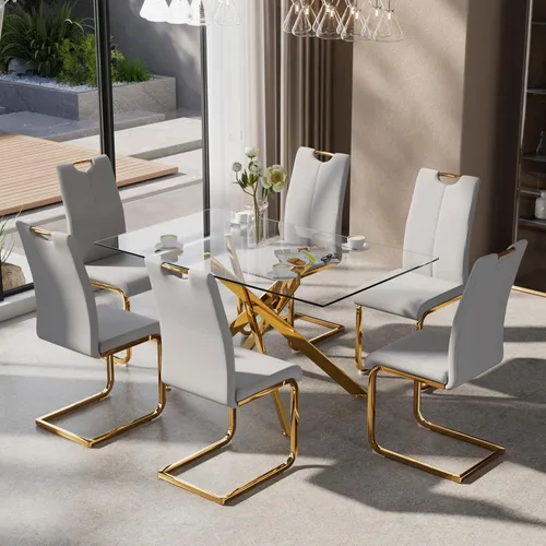 Vista 17 de Juego de mesa de comedor de 5 piezas para 4, mesa rectangular moderna de cristal con 4 sillas tapizadas de cuero, juegos de mesa y sillas de comedor