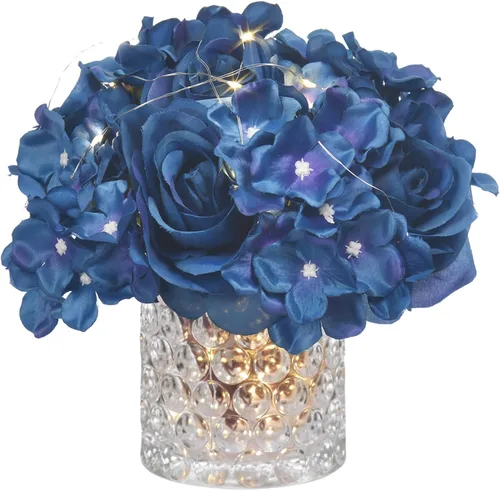 Vista 8 de Arreglo floral de seda de rosas artificiales en jarrón de vidrio con luz LED, elegante centro de mesa para el hogar, boda, baño, mesa, estante