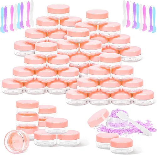 Vista 13 de Paquete de 50 de 10 g pequeños contenedores de cosméticos de plástico con tapas, frascos de maquillaje de 10 gramos de color ámbar con espátulas