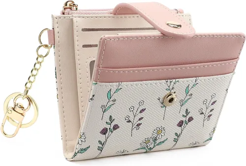 Vista 7 de GAEKEAO - Billetera pequeña para mujer con bloqueo RFID, delgada, de dos pliegues, de cuero floral, tarjetero con bolsillo con cremallera y ventana
