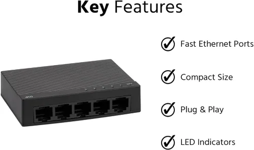 Vista 3 de Monoprice Switch de red no administrado Fast Ethernet de 5 puertos a 10/100 Mbps Tamaño compacto, Plug and Play, negociación automática y MDI/MDIX