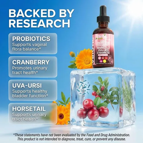 Vista 3 de Clean Nutraceuticals VBiotic - Probiótico vaginal para mujer, gotas líquidas Cranberry Uva Ursi Cola de caballo D-Manosa Prebióticos Caléndula