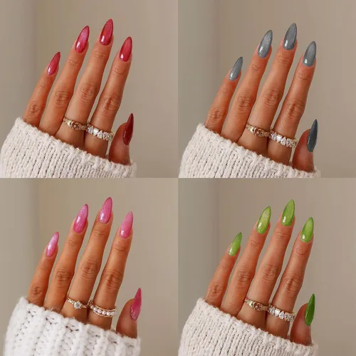 Vista 9 de Uñas postizas rojas de tamaño mediano en forma de almendra, uñas acrílicas brillantes con diseño de purpurina, uñas artificiales de cobertura a001