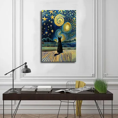 Vista 3 de Fyzuf Arte de pared de gato, pintura al óleo sobre lienzo, póster de lindo cubismo de gato, colorido, lindo, gatos, decoración estética, habitación