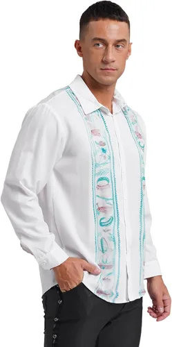 Vista 3 de Camisas mexicanas de manga larga con botones para hombre, camisas de guayabera cubana, camisas casuales de verano para la playa, camisa de fiesta