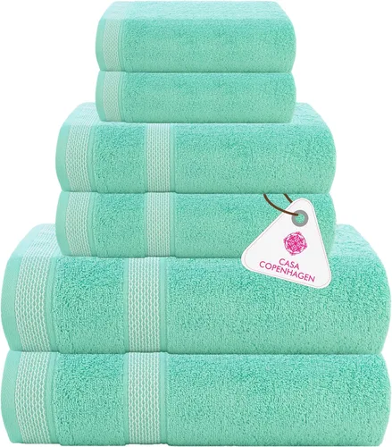 Vista 37 de CASA COPENHAGEN Exotic - Juego de 6 toallas de diseño de 100% algodón egipcio, color azul aguamarina, 550 GSM, 2 toallas de baño, 2 toallas de baño
