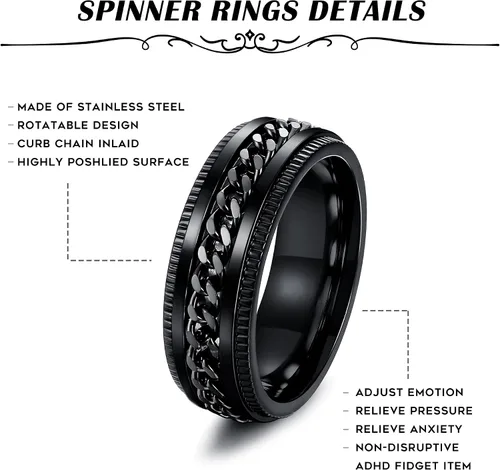 Vista 5 de THUNARAZ Anillo de titanio de acero inoxidable para la ansiedad para mujeres y hombres, anillos giratorios negros para la ansiedad, juego de anillos