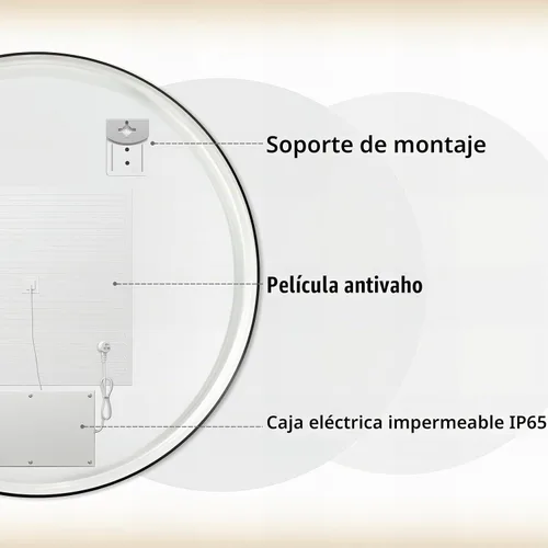 Vista 9 de Espejo de Baño LED Redondo de 30 Pulgadas, Espejo de Tocador Retroiluminado de Pared con Marco Biselado de 45°, Espejo Iluminado para Dormitorio