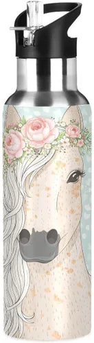 Vista 12 de Flower Horse - Botella de agua de acero inoxidable con aislamiento al vacío, botella de boca estándar con asa ancha