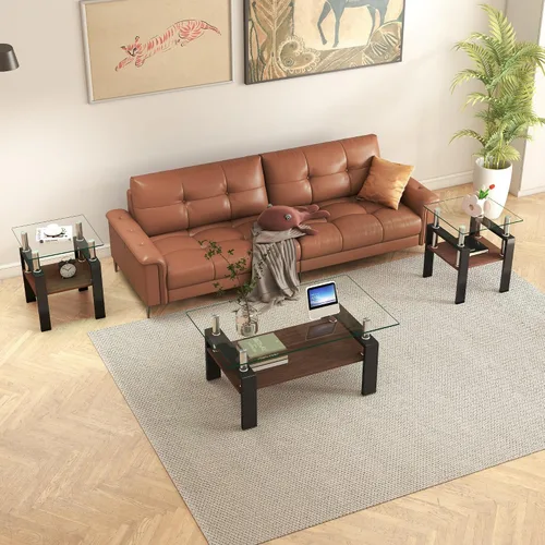 Vista 12 de Juego de 3 mesas auxiliares y mesa auxiliar de cristal, diseño clásico de 2 niveles, parte superior de vidrio templado y patas de metal sólido, uso