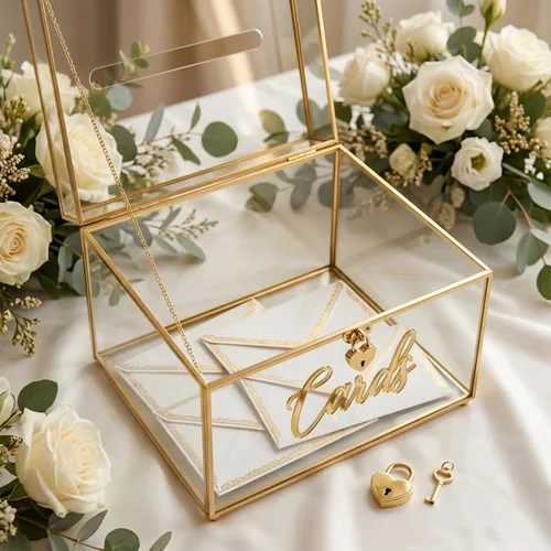 Vista 5 de Caja de tarjetas de boda con cierre de corazón, caja de tarjetas de vidrio de metal grande con marco dorado para recepción de fiestas, bodas, baby