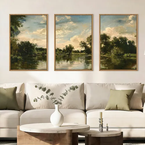 Vista 29 de Lienzo decorativo abstracto grande con marco naranja quemado, decoración de pared azul neutro y negro, arte moderno con pinceladas, impresión