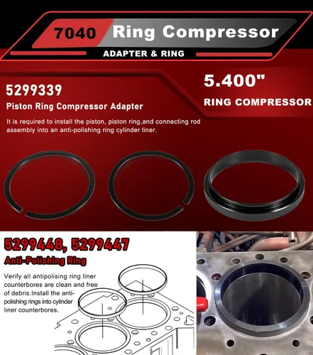 Vista 6 de 7040 Herramienta de compresor de anillo de pistón, adaptador de compresor de anillo de pistón y kit de anillo antipulido para Cummins ISX QSX 15