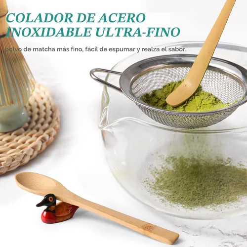 Vista 3 de Juego de batidor de matcha: juego de matcha con batidor de matcha de bambú y soporte de cerámica, cuchara de bambú+cuchara de madera, soporte