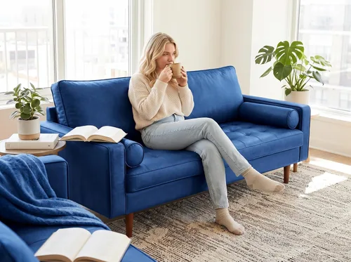 Vista 30 de Container Furniture - Sofá de piel sintética para la sala de estar moderna con cojines extraíbles y patas de madera maciza, sofá estilo lujoso