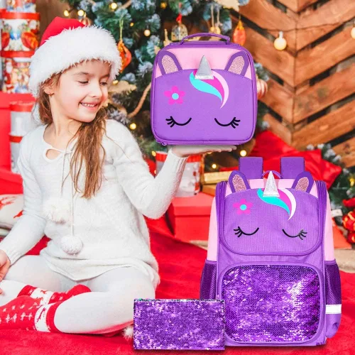 Vista 11 de KLFVB Mochila de 3 piezas para niñas y niños, bolsa de libros de dinosaurio de unicornio de 15 pulgadas con lonchera, bolsa escolar preescolar