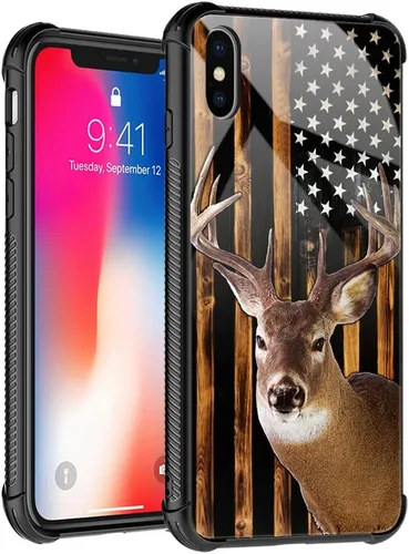 Vista 307 de Funda compatible con iPhone 8, a prueba de golpes, antiarañazos, bandera de ciervos de cola blanca de grano de madera estadounidense