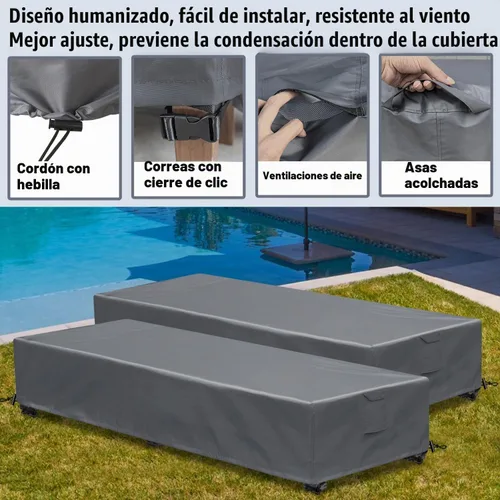 Vista 2 de Fundas Impermeables para Sillas Lounge de Patio, Paquete de 2, Fundas para Tumbonas de Exterior, Material 600D Resistente a la Intemperie Gris
