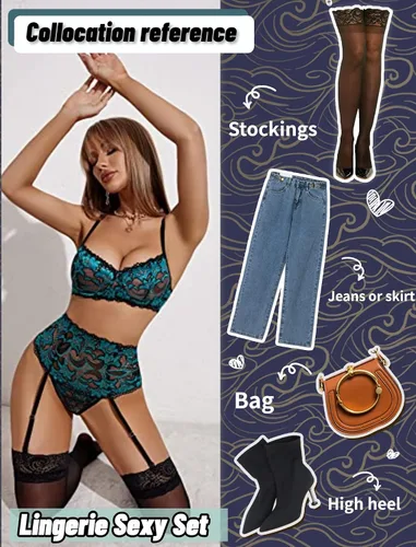 Vista 5 de Avidlove - Conjunto de lencería para mujer de cintura alta, lencería con cinturón, lencería