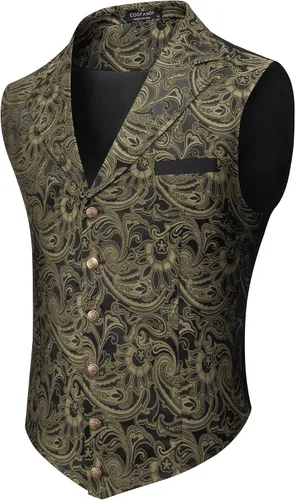 Vista 14 de COOFANDY - Chaleco para hombre, estilo victoriano y steampunk, con estampado paisley floral, gótico, para traje formal y esmoquin, con solapas