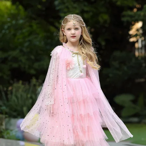 Vista 3 de FAYBOX Ropa de vestir de princesa para niñas pequeñas, capa de pincess, accesorios de disfraz con collar de varita de tiara trenzada