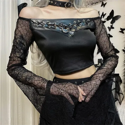 Vista 3 de Camiseta de manga larga con estampado de bruja gótica para mujer, diseño de retazos góticos, ropa estética