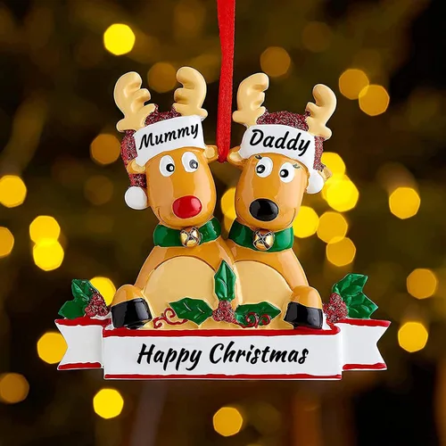 Vista 2 de Adorno personalizado de ciervo para árbol de Navidad, familia de 2,3,4,5,6,7,8 nombres, lindo reno de Papá Noel, decoración de Navidad 2025, regalo