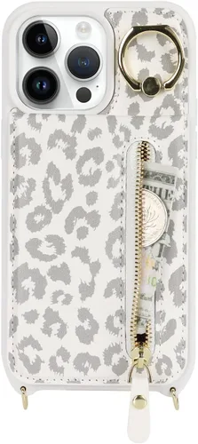 Vista 6 de Funda para iPhone 13 Pro Max con tarjetero y correa para mujer, bolsa cruzada con soporte de anillo con cremallera para monedero Apple13promax