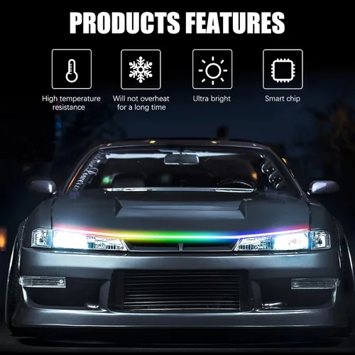 Vista 2 de DREAMIZER Tira de luz LED de 94" RGB para capó de coche, tira de luz LED multicolor exterior, luces LED dinámicas impermeables y flexibles