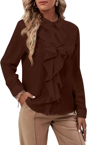 Vista 28 de LYANER - Blusa de manga larga con cuello de botón y volantes en la parte delantera para mujer