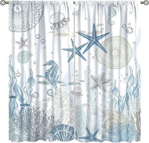 Vista 13 de Cortinas de decoración de playa con océano azul, peces náuticos costeros playeros de verano, conchas marinas, temática infantil, dormitorio, sala