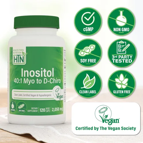Vista 3 de Health Thru Nutrition Suplemento de inositol 40:1 mio-inositol a D-quiro-inositol relación 2050mg por porción 120 cápsulas Certificado vegano