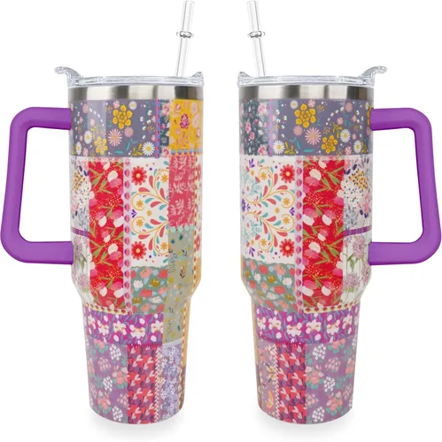 Vista 15 de Sunmdecor Vaso de 40 onzas con asa y pajitas de silicona, vaso aislado de café con asa, vaso de 40 onzas con asa