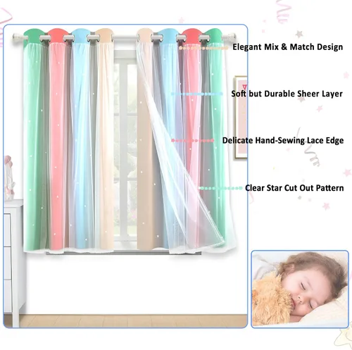 Vista 7 de Cortinas Opacas con Corte de Estrella Arcoíris para Dormitorio de Niñas - Doble Capa con Ojales Superiores para Sala de Estar, 2 Paneles