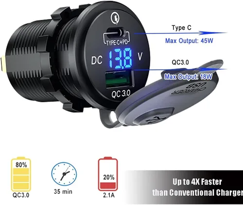 Vista 2 de GemCoo Enchufe de Cargador de Coche USB C de 63W, Salida PD de 45W Cargador QC3.0 de 18W Enchufe USB para Encendedor de Cigarrillos de 12V