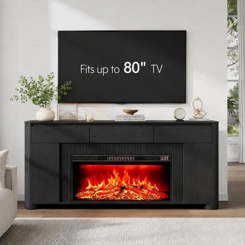 Vista 7 de Soporte de TV con chimenea de 70 pulgadas para televisores de 80 pulgadas Natural