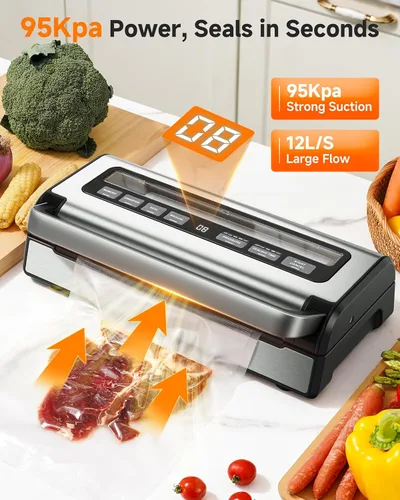 Vista 2 de Sellador al vacío automático de 95 KPa, sellador de alimentos 9 en 1 para alimentos secos/húmedos/líquidos, doble sellado térmico y bomba, incluye