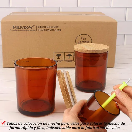 Vista 7 de MILIVIXAY Paquete de 12 tarros de vela de vidrio ámbar de 7 onzas con tapas y kits de fabricación de velas, tarros de velas vacíos a granel