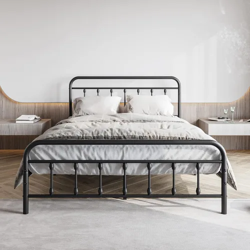 Vista 10 de Base de cama de tamaño individual vintage con cabecera y estribo, plataforma de metal resistente, soporte de listones de acero