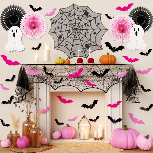 Vista 9 de Kit de decoración de fiesta de Halloween para interiores con bolas de papel de panal y abanicos, bufanda de mantel de chimenea, camino de mesa