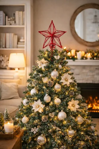 Vista 3 de Decoración de árbol de estrella roja de 6 pulgadas para Navidad, árboles de San Valentín