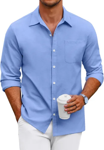 Vista 46 de COOFANDY Camisa Oxford de manga larga con botones para hombre, camisas de vestir de ajuste regular