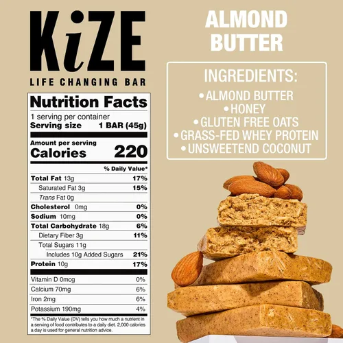 Vista 2 de KiZE Energy Bars - Barras energéticas de reemplazo de comidas con alto contenido de proteínas, a base de mantequilla de almendras, sin gluten, sin