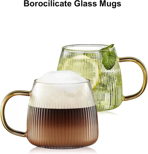 Vista 4 de Juego de 2 tazas de café de cristal únicas de alta calidad con elegante patrón de rayas verticales, mango amarillo claro (transparente)